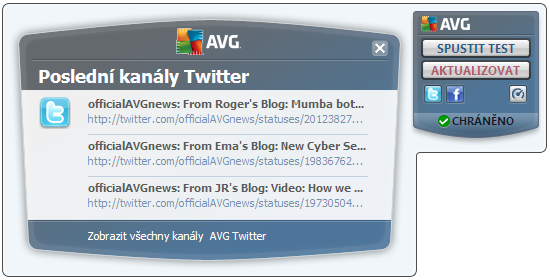 Twitter - otevírá další rozhraní Miniaplikace AVG s přehledem nejnovějších záznamů o AVG uveřejněných na sociální síti Twitter.