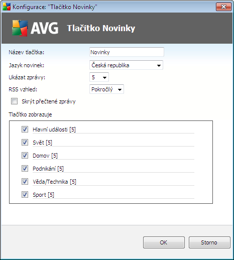 o Název tlačítka - máte možnost změnit název tlačítka, jak bude zobrazen v AVG Security Toolbaru o Jazyk novinek - v rozbalovacím menu najdete seznam zemí světa a svou volbou zobrazíte aktuální