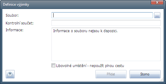 Upravit - otevře editační dialog (totožný s dialogem pro zadání nové výjimky, viz níže) již definované výjimky, kde můžete měnit nastavené parametry Smazat - odstraní označenou položku ze seznamu