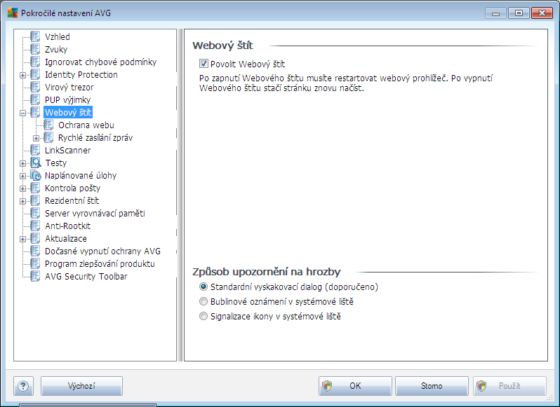 9.6. Webový štít Dialog Webový štít nabízí možnost celkové aktivace/deaktivace komponenty Webový štít prostřednictvím označení položky Povolit Webový štít (ve výchozím nastavení zapnuto).