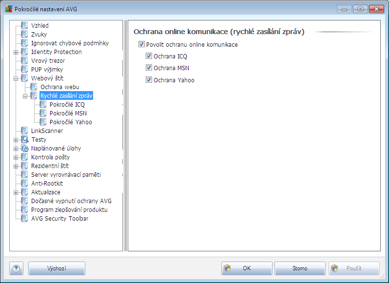 9.6.2. Rychlé zasílání zpráv V dialogu Ochrana online komunikace (rychlé zasílání zpráv) můžete editovat parametry komponenty Webový štít vztahující se k online kontrole okamžité komunikace.