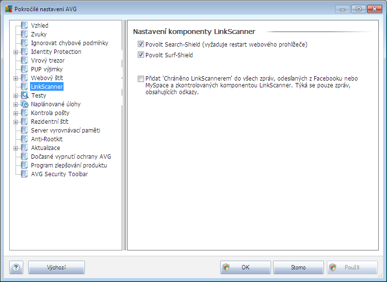 9.7. LinkScanner Dialog Nastavení komponenty LinkScanner umožňuje zapnout či vypnout funkčnost základních složek LinkScanner: Povolit Search-Shield - (ve výchozím nastavení zapnuto): služba je