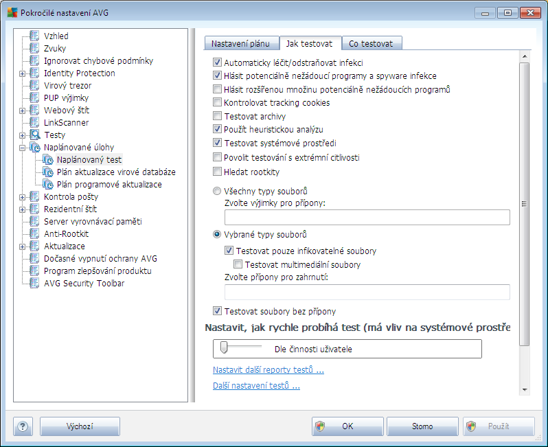 Záložka Jak testovat nabízí seznam parametrů testu, které můžete podle potřeby vypínat/zapínat. Ve výchozím nastavení je většina parametrů zapnuta a budou tak během testu automaticky použity.