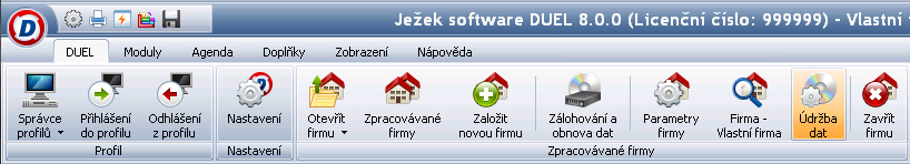 16 Po naplnění a případné úpravě parametrů spustíme operaci Údržba dat, kterou nalezneme na pásu karet na kartě DUEL. 6.