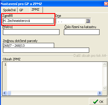 Obr. 25 - Vyplnění popisového pole - ZPMZ V okénku Zaměřil (Obr.