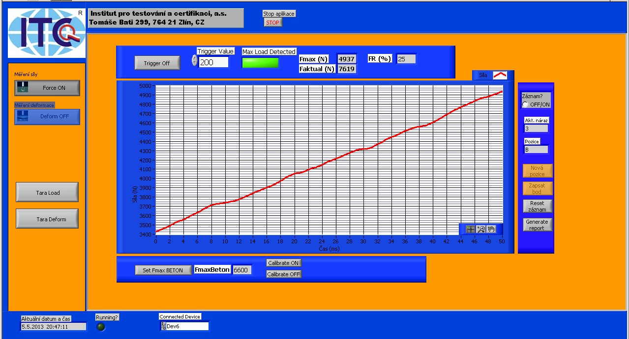 SW řešení modul absorpce síly Trigger nastavení a indikace, Fmax, Fakt, R Záznam dat, tisk a