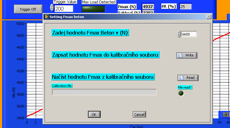 SW řešení dialogové okno zadání kalibrační síly náraz na