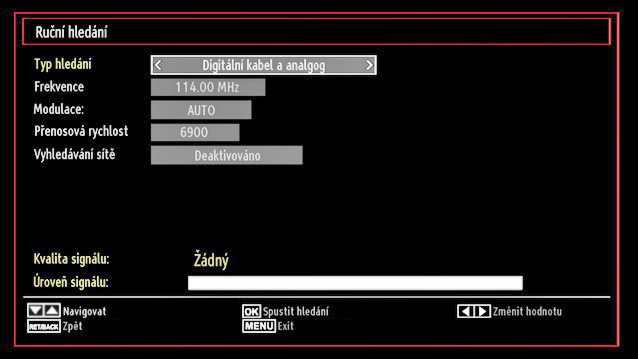 Ovládání režimu Automatické skenování kanálů (přeladění) Digitální anténa: Hledá a ukládá anténní DVB stanice. Digitální kabel: Hledá a ukládá anténní DVB stanice.