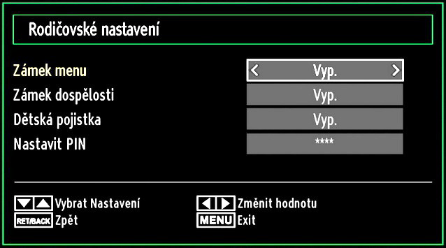 Rodičovská kontrola Pro zamezení sledování určitých programů můžou být kanály a nabídky uzamčeny použitím rodičovské kontroly.