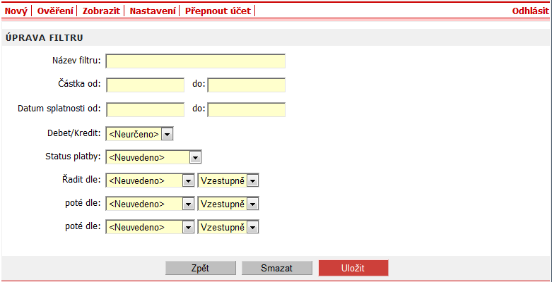 Obrázek 61 - Ovládací prvek filtrování Po kliknutí na tlačítko Upravit se zobrazí formulář pro zadání filtračních dat a výběr sloupců řazení.