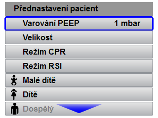 6.3.8 Přednastavení pacienta 6 Menu obsluhy (Uživatelské menu) 6-9 Dílčí menu Přednastavení pacient V dílčím menu Přednastavení pacient můžete nastavit, jaká přednastavení budou přiřazena k