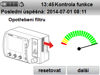 9 Kontrola funkce 10. Se vstupním filtrem přístroje postupovat podle následující tabulky: Barva Zelená Žlutá Červená 11.