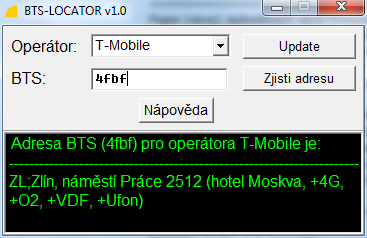 UTB ve Zlíně, Fakulta aplikované informatiky, 2013 51 6.2 Využití programu BTS lokátor Tato metoda využívá program BTS lokátor, který je volně k dispozici na internetu.