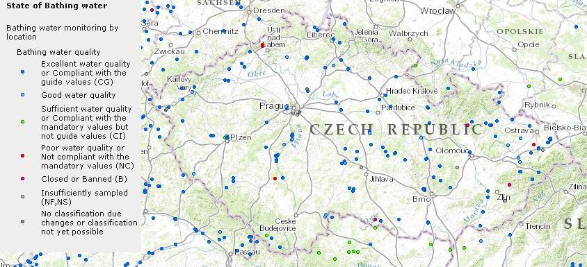 Obrázek 4 Kvalita vody v ČR podle jednotlivých kritérií EU za rok 2012 (9) Obrázek 5 Hodnocení kvality koupacích vod 27 členských států EU a dalších států za rok 2012 (9): - nedostatečné, žádné