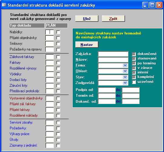 134 Typy zjištěných stavů zařízení Konfigurace servisních zásahů 1.17.10.1 Dokladová struktura servisních zásahů Nastavení dokladové struktury zásahu. 1.17.10.2 Povinné údaje karty servisního zásahu Nastavení povinnosti zadávat vybrané údaje při vzniku nového dokladu servisních zásahů.