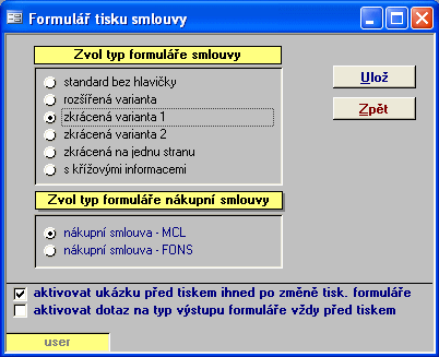 17 Přehled smluv Nová nákupní smlouva Nová komisní smlouva Nová smlouva Karta smlouvy Tisk smlouvy Konfigurace Tisk přehledů smluv 1.7.8 Konfigurace Submenu Konfigurace obsahuje položky pro nastavení funkcí menu smlouvy v systému Soft-4-Sale.