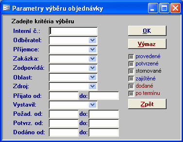 1.8.7 27 Karta přijaté objednávky Kartu přijaté objednávky vybereme na základě kritérií výběru. Vygeneruje nové číslo dokladu. Generátor reaguje na existenci zadání prefixu čísla dokladu.