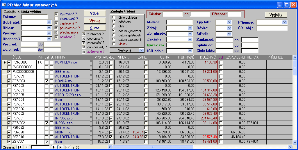 83 dispozici možnost rozdělit výnosy jednoho dokladu na více zakázek i když tato funkce nebývá výrazně využívána. Práce a evidence s vystavenými fakturami je stejná jako u přijatých.