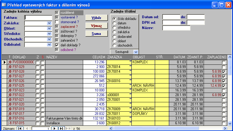 84 omezení zobrazených faktur. Tento přehled je přehledem dokladů a uvidíte zde především hlavičkové údaje faktur (pod jakým číslem, pro koho, název,datum podpisu, datum dokončení,...).