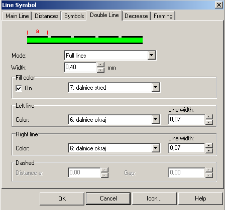 Další záložkou je dvojitá čára, která sleduje nakreslenou linii osou. Můžeme zde zvolit, zda se bude dvojitá čára kreslit, zda bude mít přerušované okraje nebo i výplň čáry.