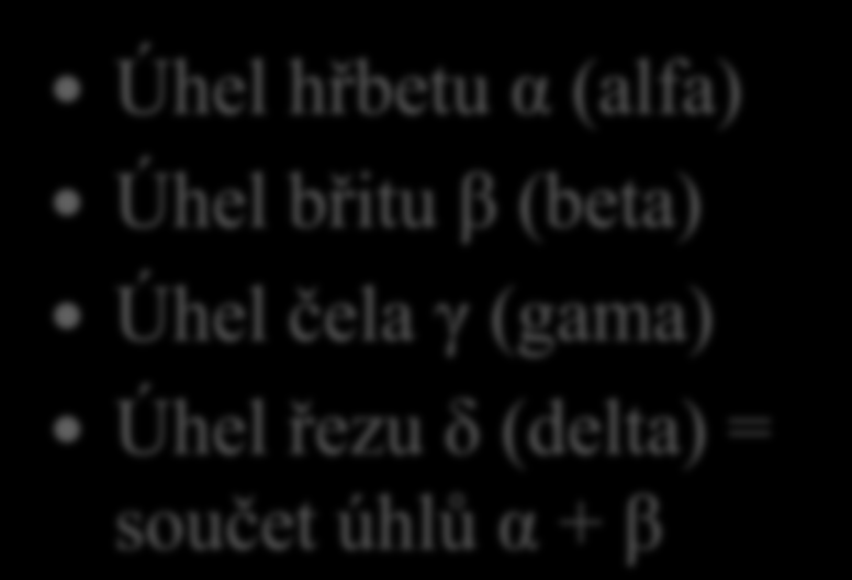 Geometrie nástroje 14. Vyjmenuj řezné úhly i s jejich označením.