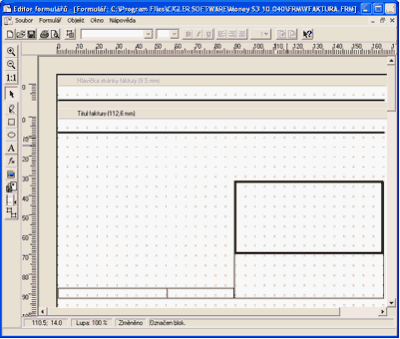 Editor formulářů pro Money S3 15 Nyní nakreslíte ve formuláři požadované rámečky. Jakmile skončíte s vkládáním čar a obdélníků, začnete vkládat textové objekty a proměnné formuláře.
