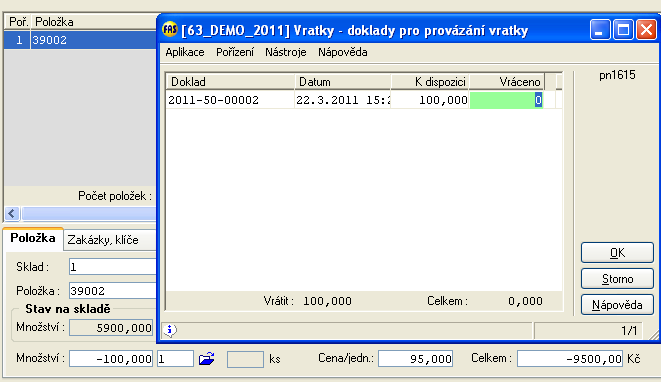 30 Modul Zásoby - Základy ovládání 1 Daný výběr potvrdíme tlačítkem OK Dostaneme se do hlavičky dokladu, kde stiskneme tlačítko Položky Poté dojde k přetažení obsahu příjemky do dokladu spotřeby