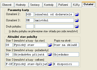 38 Modul Zásoby - Základy ovládání 1 Skladová karta-nastavení aktuálního stavu uživatelem Klikneme na a vybereme záložku Ostatní Parametry karty Zde vybereme označení, která jsme předem nadefinovali