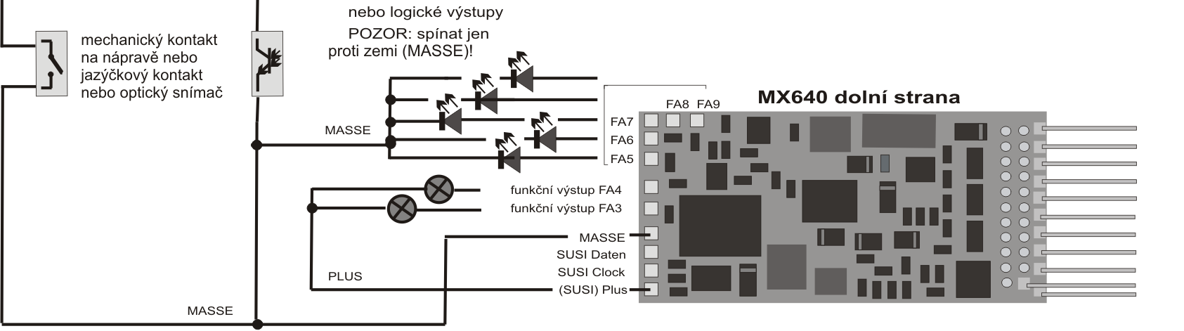 DekodérMX62, MX63, MX64D, zvukový dekodér MX64 strana 47 MX64 celkové schéma zapojení a opatření pro ZVUK Připojení reproduktoru, detektoru nápravy: Aby mohl být MX64 provozován jako zvukový dekodér,