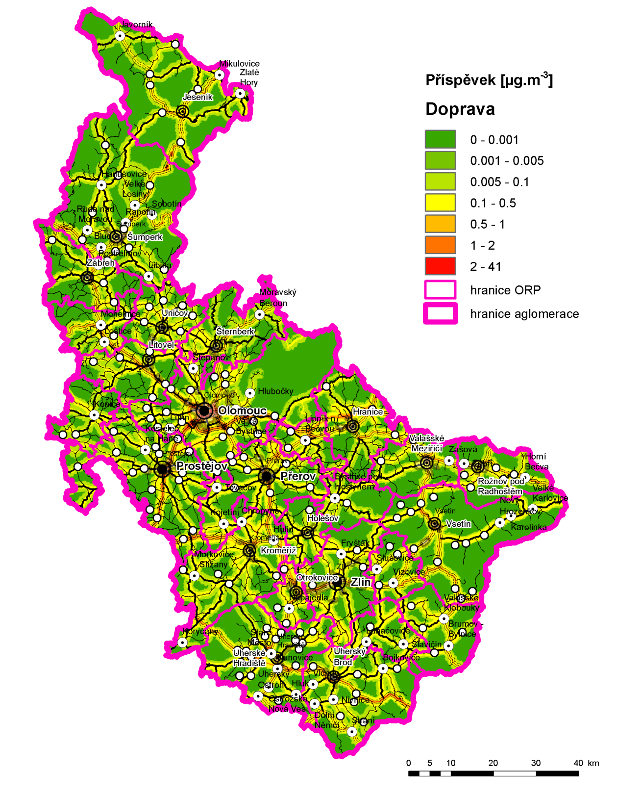 Obrázek 38: Příspěvek skupiny mobilních zdrojů (Doprava) k průměrné roční koncentraci PM10, stav