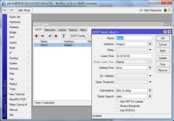 Obrázek 20 - Nastavení DHCP Serveru Takto je možné vytvořit nový DHCP server, pojmenovat a přiřadit jej na bridge, ve kterém jsou porty, pro které chceme, aby fungovalo přidělování adres.