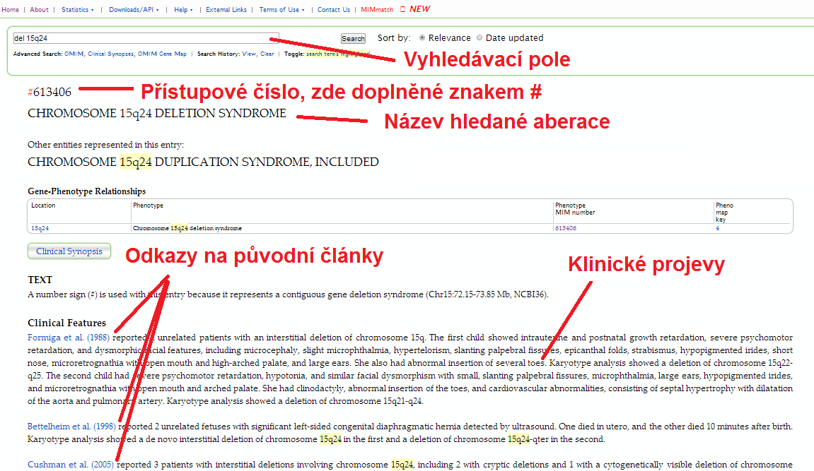 Obrázek 8: Náhled do záznamu v databázi OMIM (http://www.omim.org/entry/613406; upraveno).