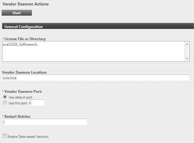 4. Prvně zastavte server před upravováním nastavení. 5. V sekci "General configuration" je nutné mít správně cesty k licenčnímu souboru (defaultní scia/scia_software.lic). Cesta může být změněna k *.