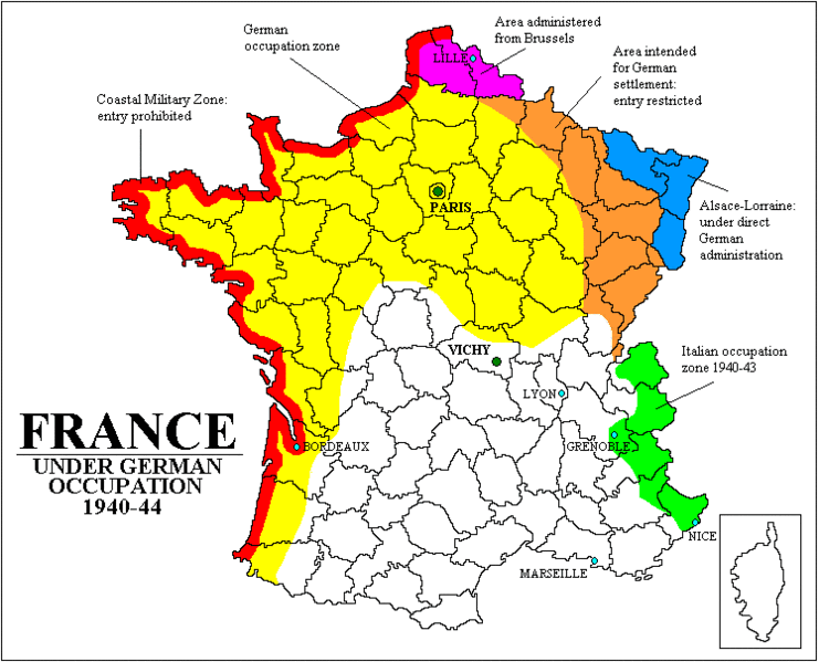 2. světová válka Francie rozdělena na 2 zóny: okupovaná
