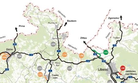 Na níže uvedeném obrázku je zobrazen výřez mapy Ředitelství silnic a dálnic, který zobrazuje plánované investice do silnic I. třídy na území MAS Šluknovsko.