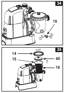 Uvolněte tlak z filtračního okruhu otevřením odkalovacího/odvzušňovacího ventilu (19) umístěného ve spodní části hrubého předfiltru (viz obr. 34). 4.