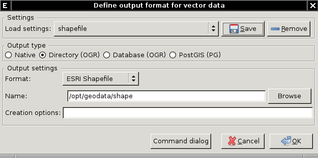 4.1. INTEROPERABILITA VEKTOROVÉ ARCHITEKTURY SYSTÉMU GRASS 95 Syntax modulu v.external.out je následující: Description: Defines vector output format.