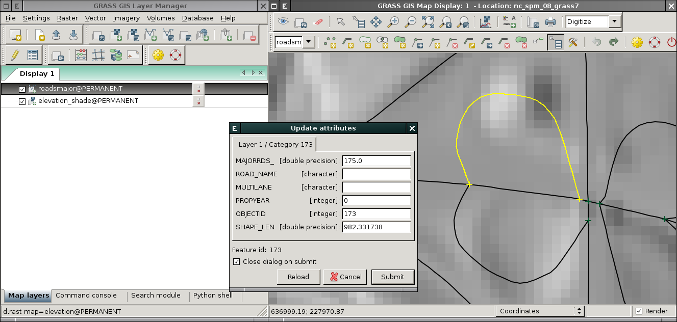 4.5. VÝVOJ NOVÉ GENERACE GUI SYSTÉMU GRASS GIS 131 na vývoji dalších komponent wxgui. Konkrétně jde o digitalizační nástroj (kap. 4.5.1), rozšíření pro vizualizaci dat ve 3D (kap. 4.5.2) a grafický modeler (kap.