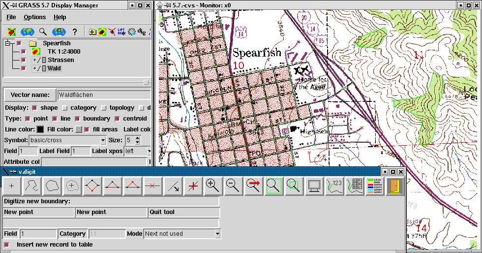 Obrázek 1.8: Digitalizační modul ve verzi GRASS 4.0 (autor: USA-CERL, 1990). V roce 2000 se začalo pracovat na nové vektorové architektuře GRASS 6 (kap. 2.1.2).