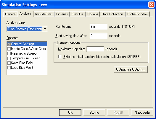 a) Time Domain (Transient) b) DC Sweep c) AC Sweep/Noise d) Bias Point V nabídkovém listu Options se vybírají přídavné analýzy a provádí jejich nastavení. Obr. 4.