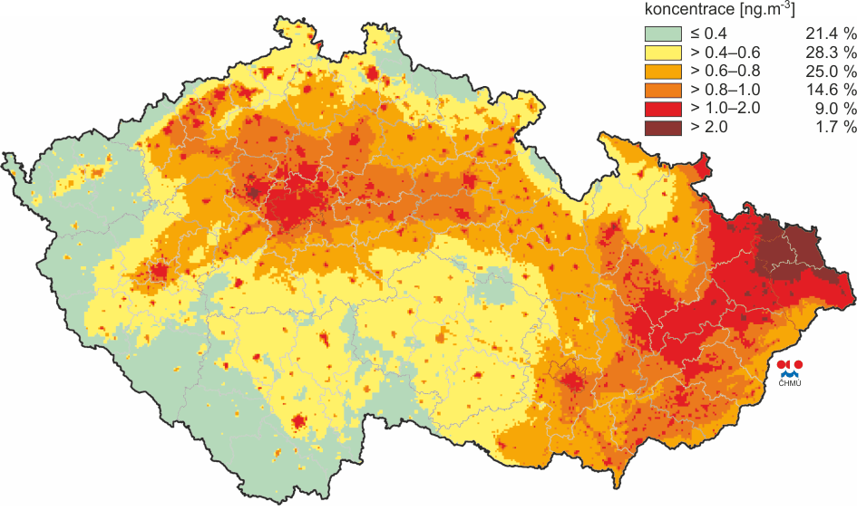 Obrázek 9: Pole roční průměrné koncentrace PM10, průměr 2009 2013 Zdroj: ČHMÚ Obrázek 10: Pole průměrné roční koncentrace PM2,5, průměr 2009 2013 Zdroj: ČHMÚ Obrázek 11: Pole