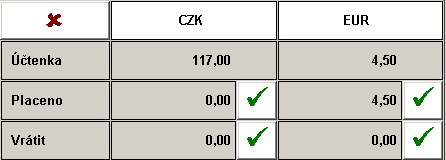 Objeví se okno s např následujícími hodnotami: Zadejte hodnotu bankovky v Eurech, kterou bylo placeno a klikněte na v řádku placeno a sloupku EUR.