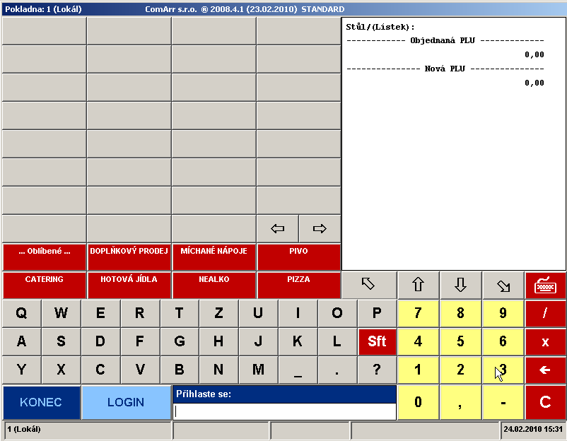 Manuál pokladního software POS32 Po spuštění pokladny se objeví následující obrazovka: Spuštění a přihlášení Na grafické klávesnici (nebo na standardní klávesnici pokud je připojena) zadejte svoje