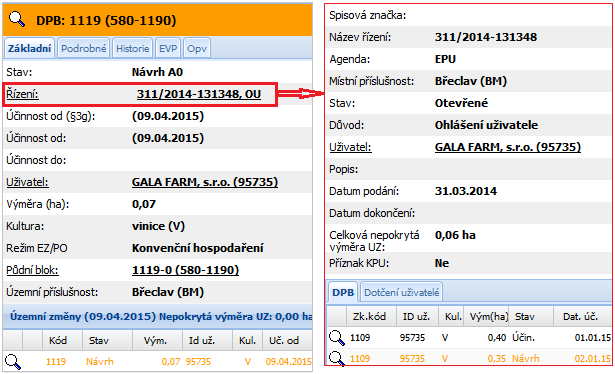 Obrázek 20 Proklik na řízení Na detailu DPB se nabízí záložky: Základní Podrobné Historie EVP Opv pouze v případě kultury vinice 4.5.1.