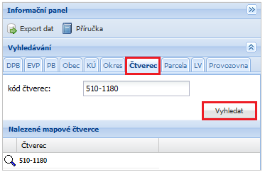 4.5.6 Okres Zadejte název okresu a stiskněte tlačítko Vyhledat. V infopanelu se zobrazí jeden či více záznamů, odpovídající zadanému parametru.