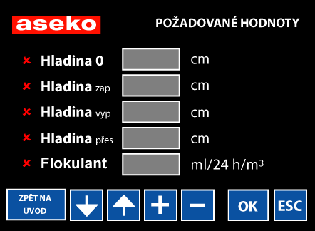 Mezi oběma okny se pohybujeme pomocí vertikálních šipek, číselné údaje vkládáme tlačítky + a -. Chlorační metodu vybereme tak, že u ní stiskneme červené X, které se změní na zelenou značku.