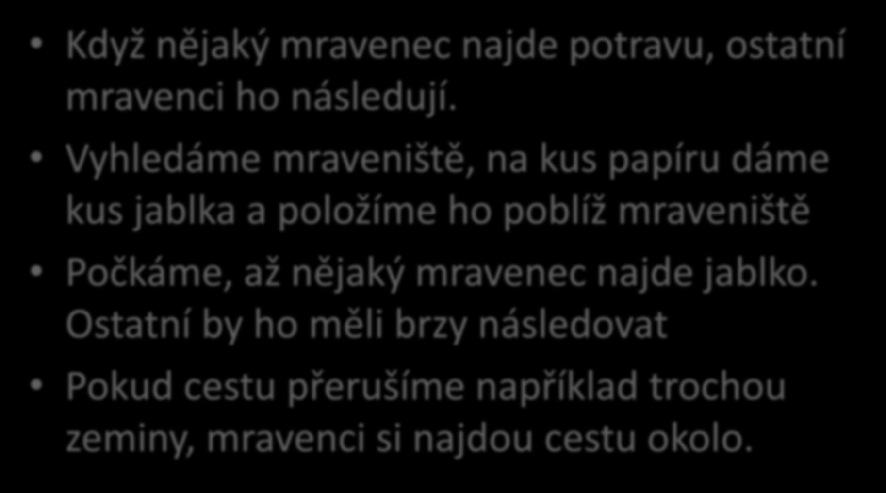 Sledujeme mravenčí cestu Když nějaký mravenec najde potravu, ostatní mravenci ho následují.