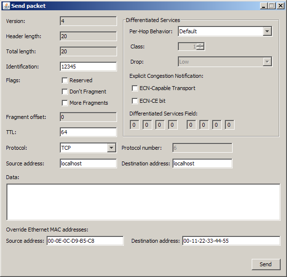 Obrázek 2: Okno pro odesílání paketů Tlačítkem Send v dolní části okna se