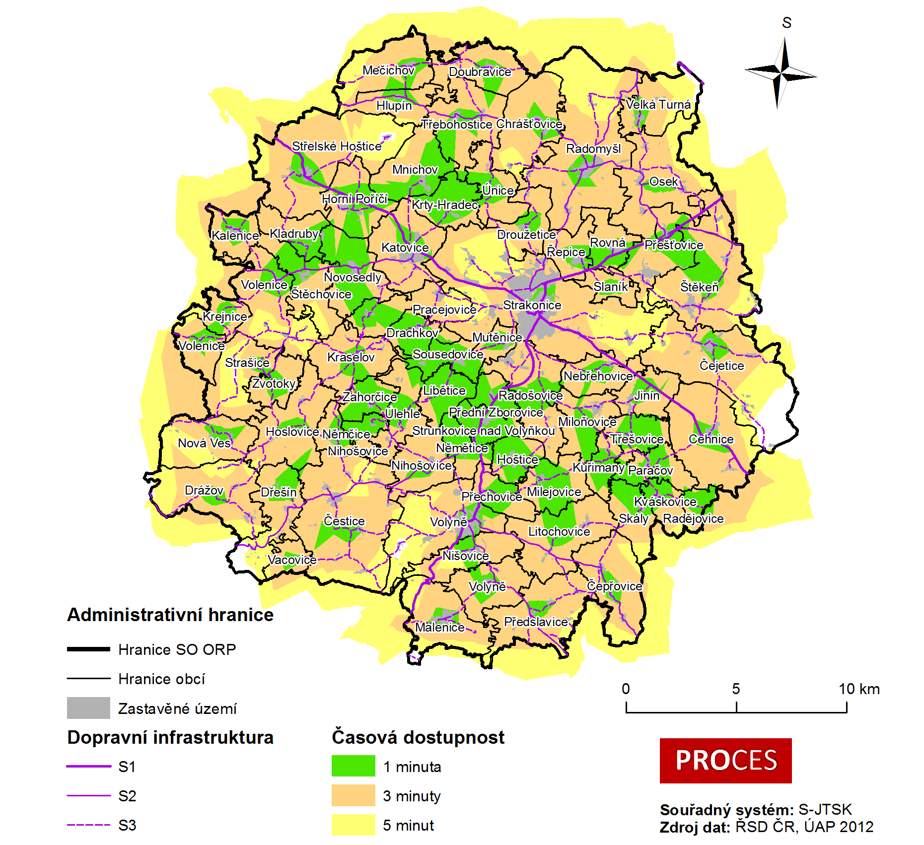 Centrum pro rozvoj obcí a regionů, s. r. o. Mapa 3.2.2: Časová dopravní dostupnost obcí v SO ORP Strakonice 2012 Pozn.: S1-silnice I.tř.