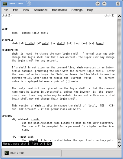 5.3 NÁOVĚDA 109 Obrázek 5.1: Výstup příkazu man chsh Specify your login shell.